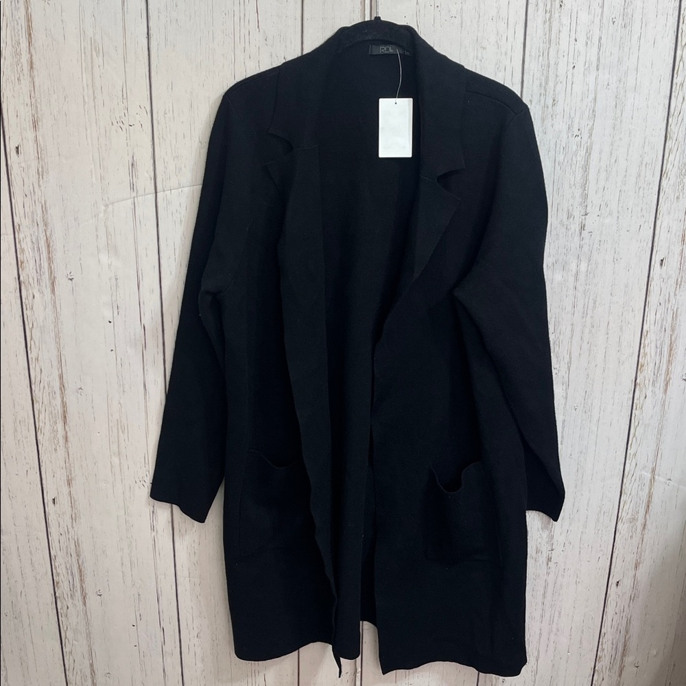 RDI Charcoal Black Open Front Pockets  Knit Jacket Size Large NWT